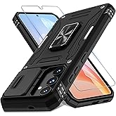 DEERLAMN Case for Samsung Galaxy S25 FE 6.7-Inch with Slide Camera Cover+Screen Protector(1 Pack), Rotated Ring Kickstand Military Grade Shockproof Protective Cover-Black
