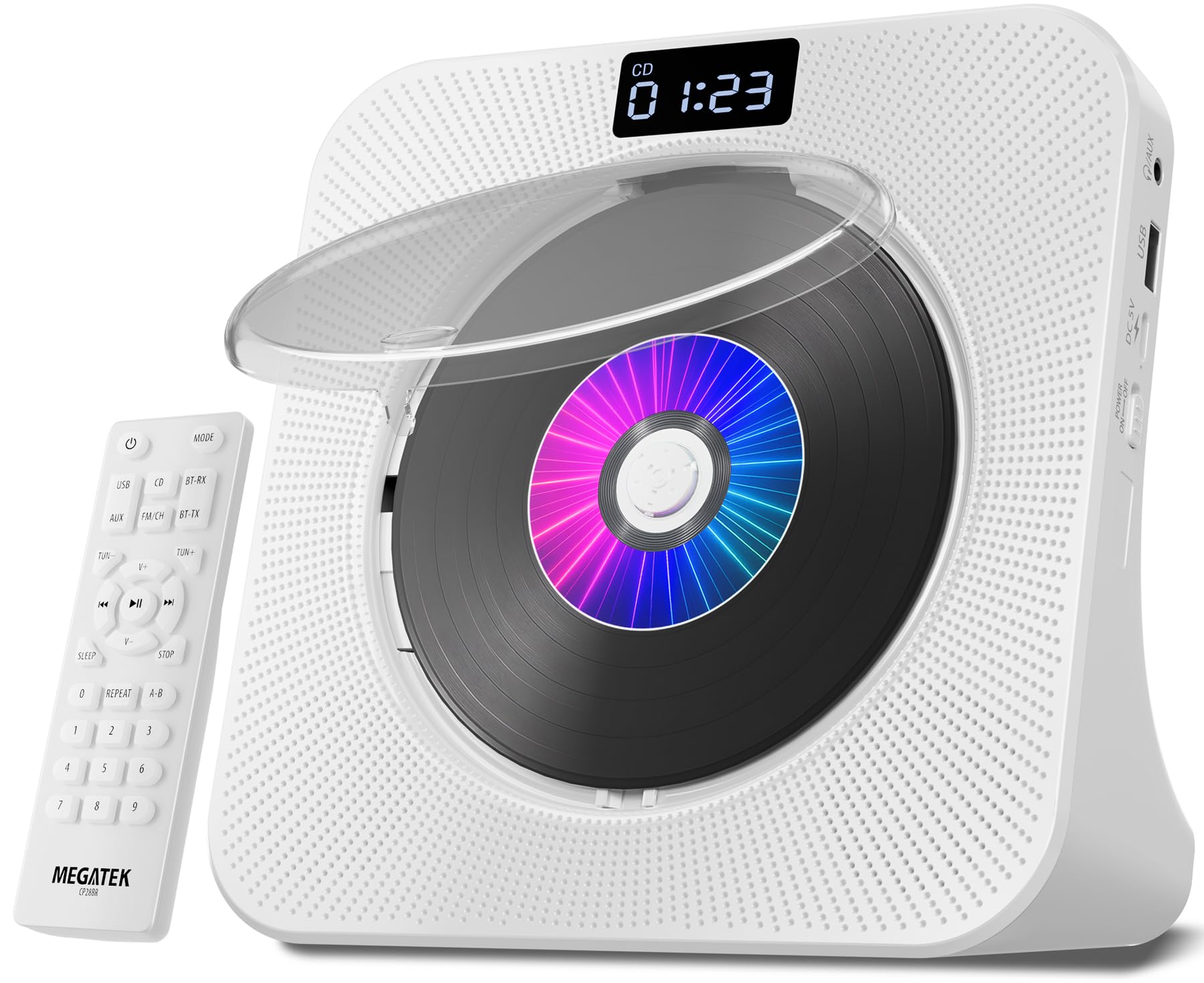 MEGATEK Portable CD Player Bluetooth for Home, Desktop CD Player with Stereo Speakers, FM Radio, USB, LED Display, AUX/Headphone Jack, Remote – White