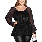 QIANZHIDU Women's Plus Velvet Crewneck Polka Dot Long Sleeve Flowy Peplum Blouse Shirt Top