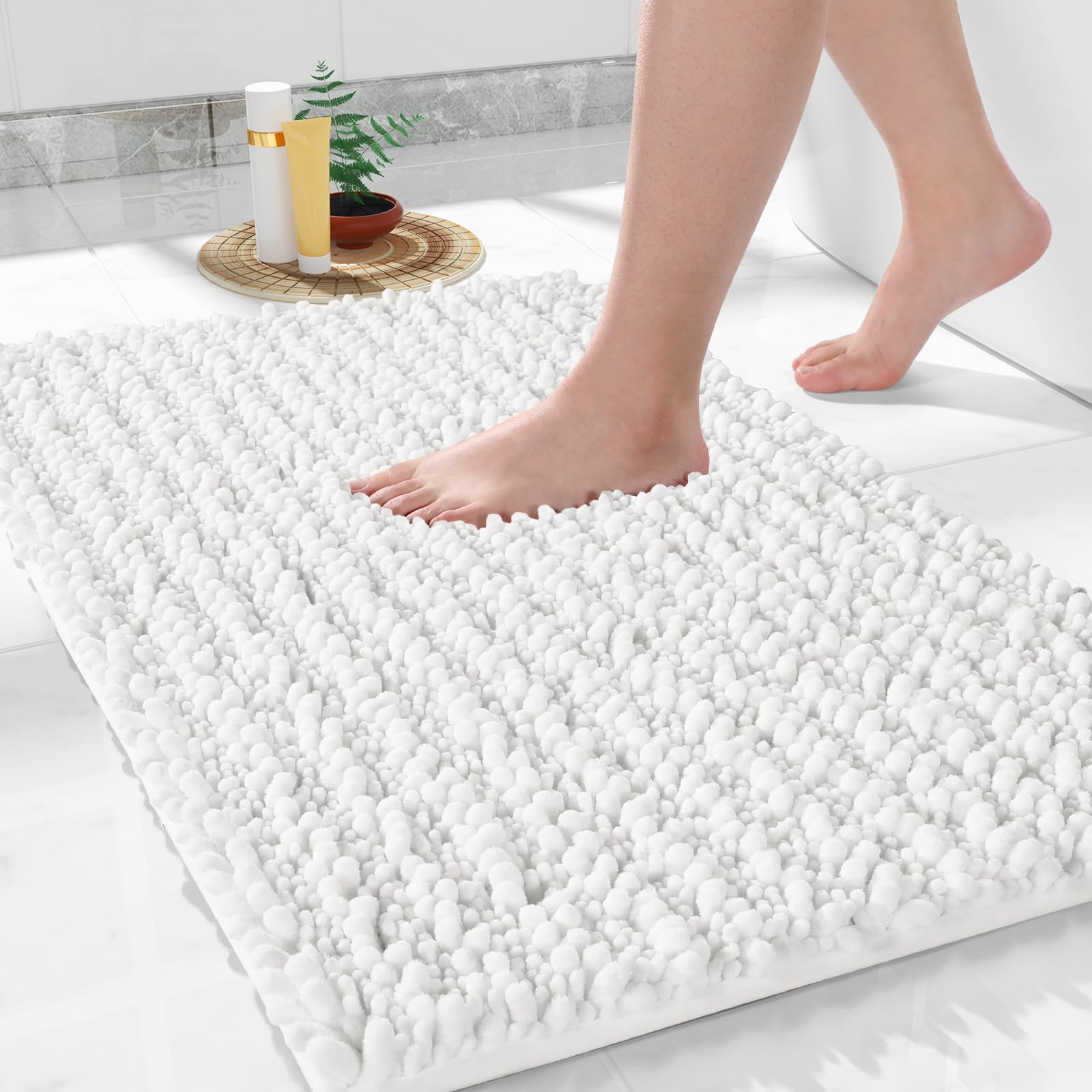 Photo 1 of Yimobra Bathroom Rugs Non Slip Washable 32x20 Inch - Ultra Soft Absorbent Chenille Bath Mat, Quick Dry Shaggy Floor Carpet for Tub Shower, White Home Decor Accessories
