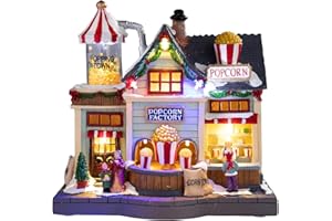 Bdor Christmas Village Lighted Decoration Animated Display Musical Christmas Collectible Popcorn Factory Battery Operated Resin Indoor Decor