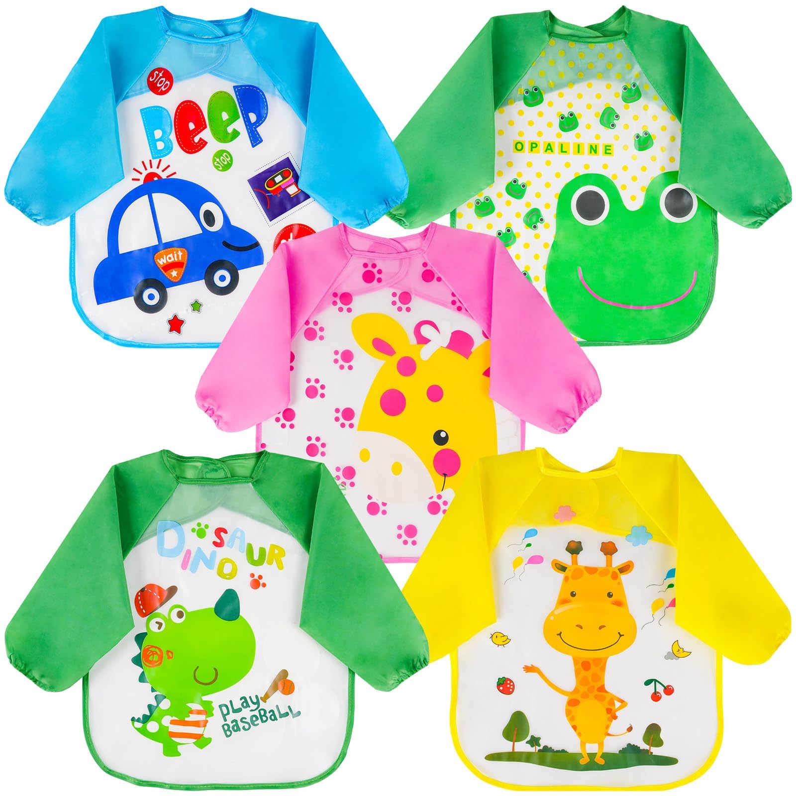 Vicloon Bibs with Sleeves, 5pcs Waterproof Long Sleeve Bib, Baby Feeding Bib, Unisex Feeding Bibs Apron for Infant Toddler 6 Months to 3 Years Old（Pink-Blue-Yellow-Green）