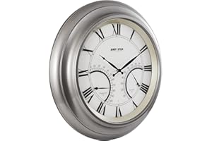 ANDY STAR 24 Inch Outdoor Clocks Waterproof,Large Outdoor Wall Clocks for Garden Patio Pool, Weatherproof Illuminated Metal Clock Battery Operated with Thermometer&Hygrometer, Silver Non Ticking