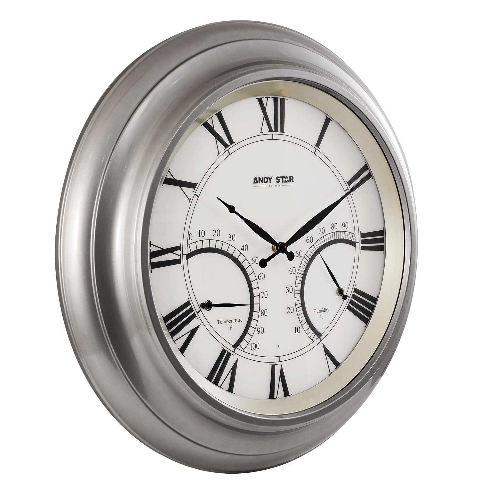 Photo 1 of ANDY STAR 24 Inch Outdoor Clocks Waterproof,Large Outdoor Wall Clocks for Garden Patio Pool, Weatherproof Illuminated Metal Clock Battery Operated with Thermometer&Hygrometer, Silver Non Ticking