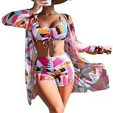 Yknktstc Women 3 Piece Bikini Set Swimsuit Tropical Beach Cover up Kimono | ruched high waist tummy coverage boy shorts, brig