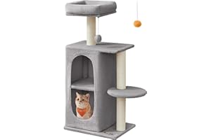 Feandrea Cat Tree, Small Cat Tower for Indoor Cats, Plush Cat Caves with Perch, Scratching Posts, for Small Spaces, Kittens, Light Gray UPCT005G01