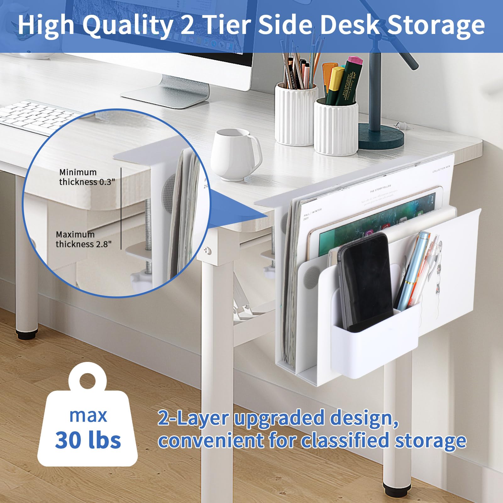 LUKETURE Desk Side Storage, 2 Tier Steel Hanging Organizer, No Drill Side Desk Organizer, Laptop Holder, with Pen Holder, Hanging Table Storage for Office Home, Fits Flat Edge Tables 0.3\