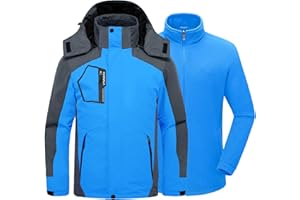 Kugnala Mens Winter Skiing Jacket 3 in 1 Waterproof Warm Snow Fleece Lining Coat Hooded Windproof Jacket S-6XL