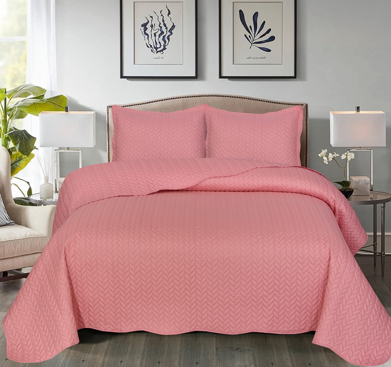 B&B Quilt Mono Bedspread 3 Pieces Set – Coverless Quilted Leaf Motif Bedspread, Comforter Throw, Summer, Winter and All-Season Lightweight Bedding Sets, with 2 Pillow Shams (Double, Pink)