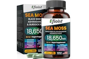 EFIOIST Sea Moss 6000mg Black Seed Oil 4000mg Ashwagandha 2000mg & Burdock Root/Turmeric/Bladderwrack, 18650mg Sea Moss Supplement, Seamoss Black Seed Oil Ashwagandha Ginger 60 Count