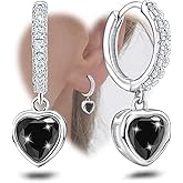 Heart Hoop Earrings with Dangle Sterling Silver Love Heart-Shaped Loop Earrings for Women Hypoallergenic Sparkle Birthstone Cubic Zirconia Hoop Earring with Dangling Charms Dainty Fashion Jewelry Gift