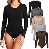 TVKSOM 4/5 Pack Long Sleeve Bodysuit for Women Round Neck Soft Breathable Casual Basic Stretchy Body Suits Tops