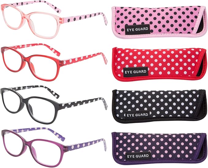 EYEGUARD 4 Pairs Reading Glasses with Spring Hinge, Polka Dots Pattern