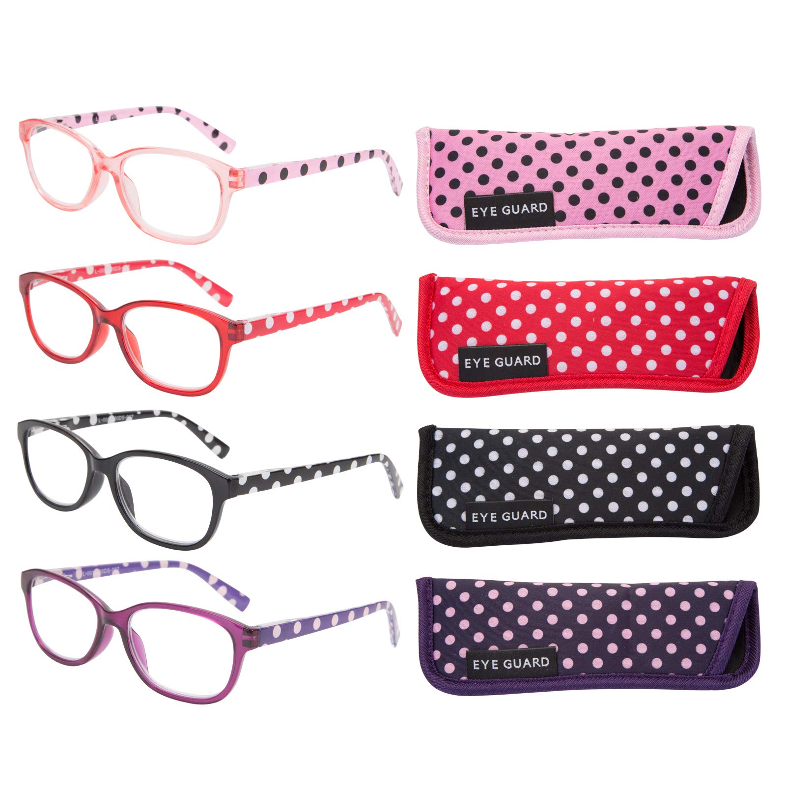 EYEGUARD 4 Pairs Reading Glasses with Spring Hinge, Polka Dots Pattern Design Readers for Women(4 Color,+2.75 Magnification)