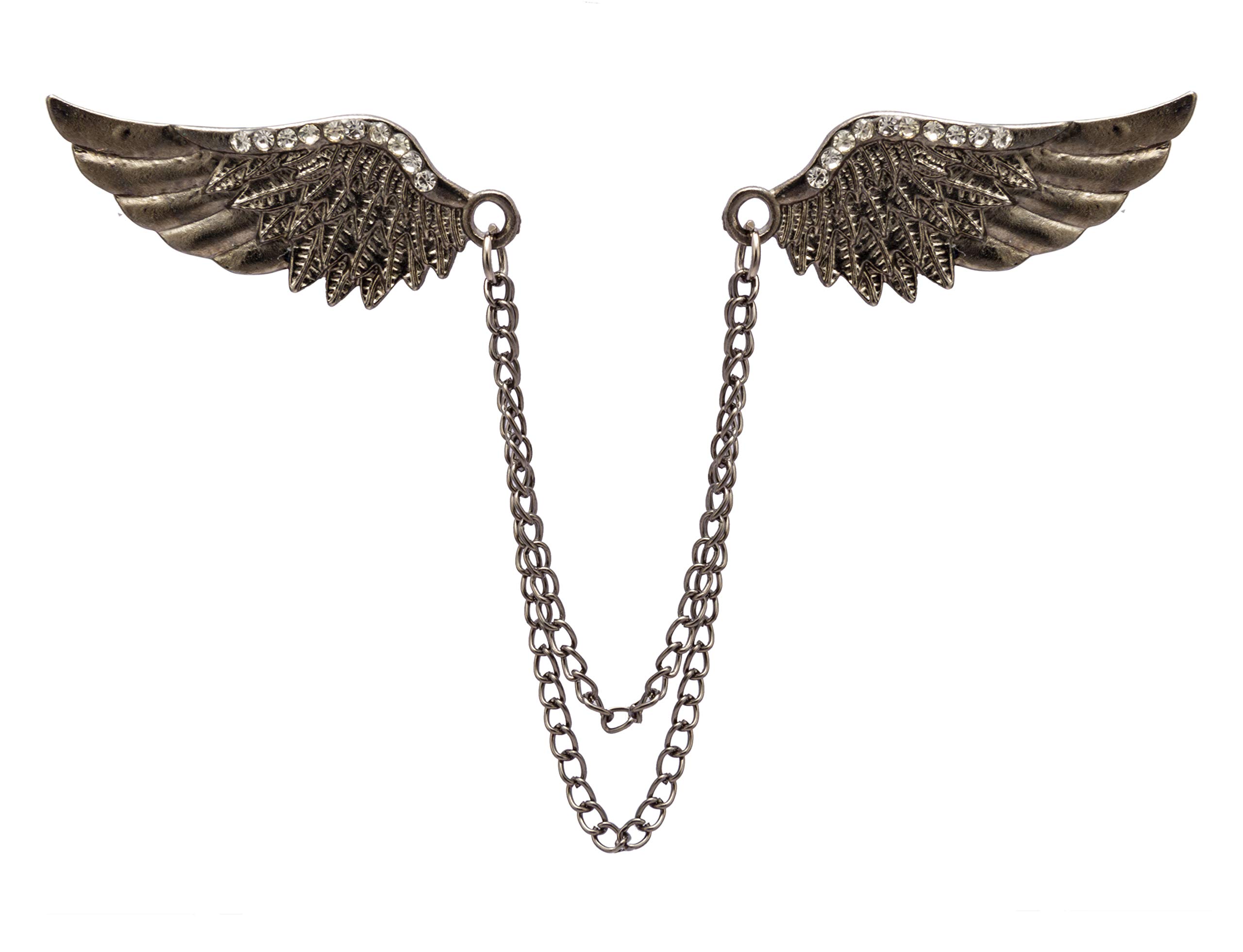 Knighthood Double Angel's Wings with Hanging Chain Gun Metal Lapel Pin Badge Coat Suit Wedding Gift Party Shirt Collar Accessories Brooch for Men