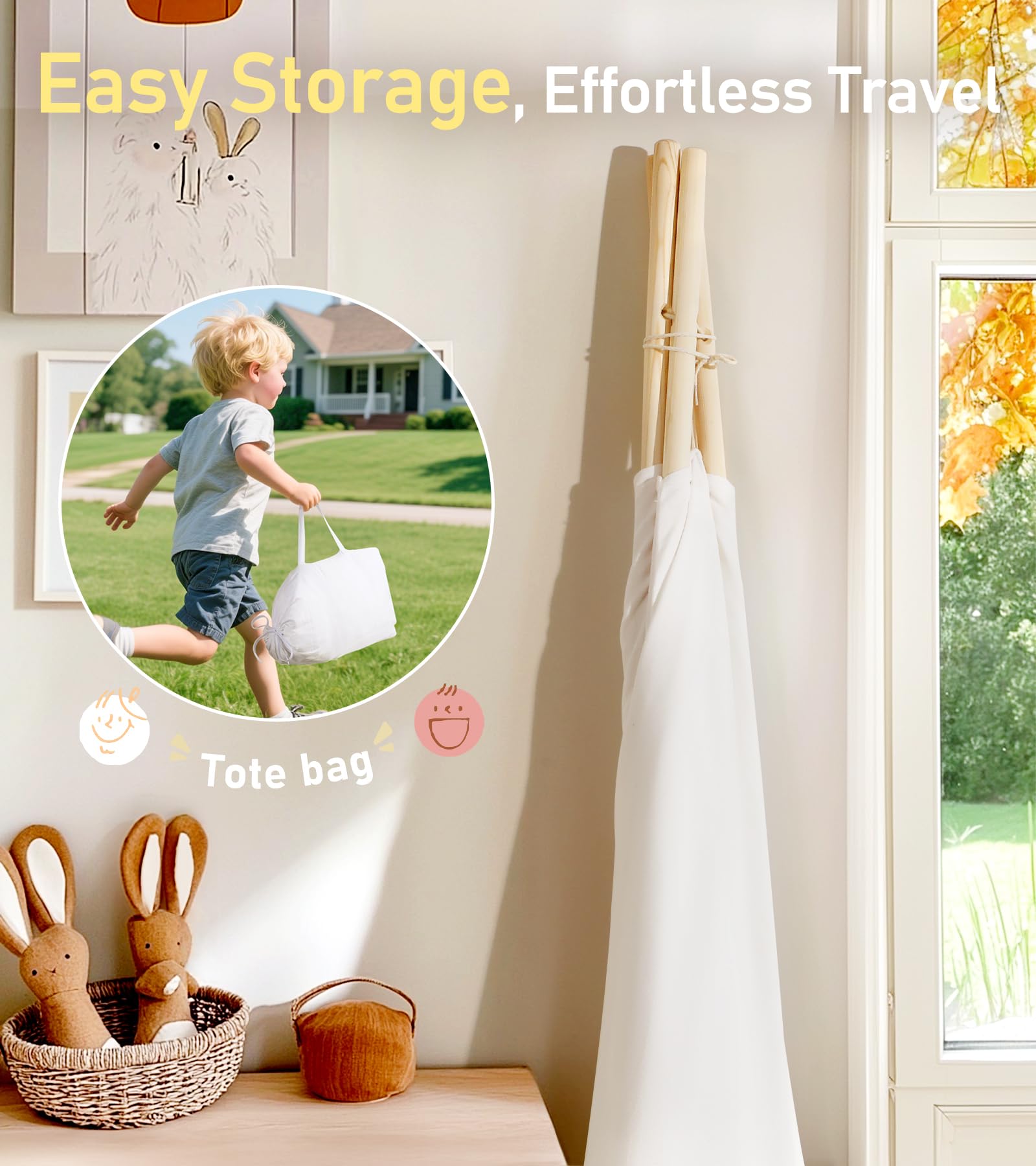little dove Teepee Tent for Kids Foldable Teepee Play Tent with Carry Case, Banner, Fairy Lights, Olives Branches, Four Poles Style Raw White Color - New Version Tiny House