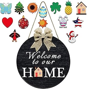 RYGHEWE Interchangeable Welcome Sign for Front Door Farmhouse Wreath Wall Sign Decor with Eucalyptus Leaves - 12 Inch Rustic Wood Welcome Sign Hanger Decoration Outdoor Christmas, Housewarming Gift