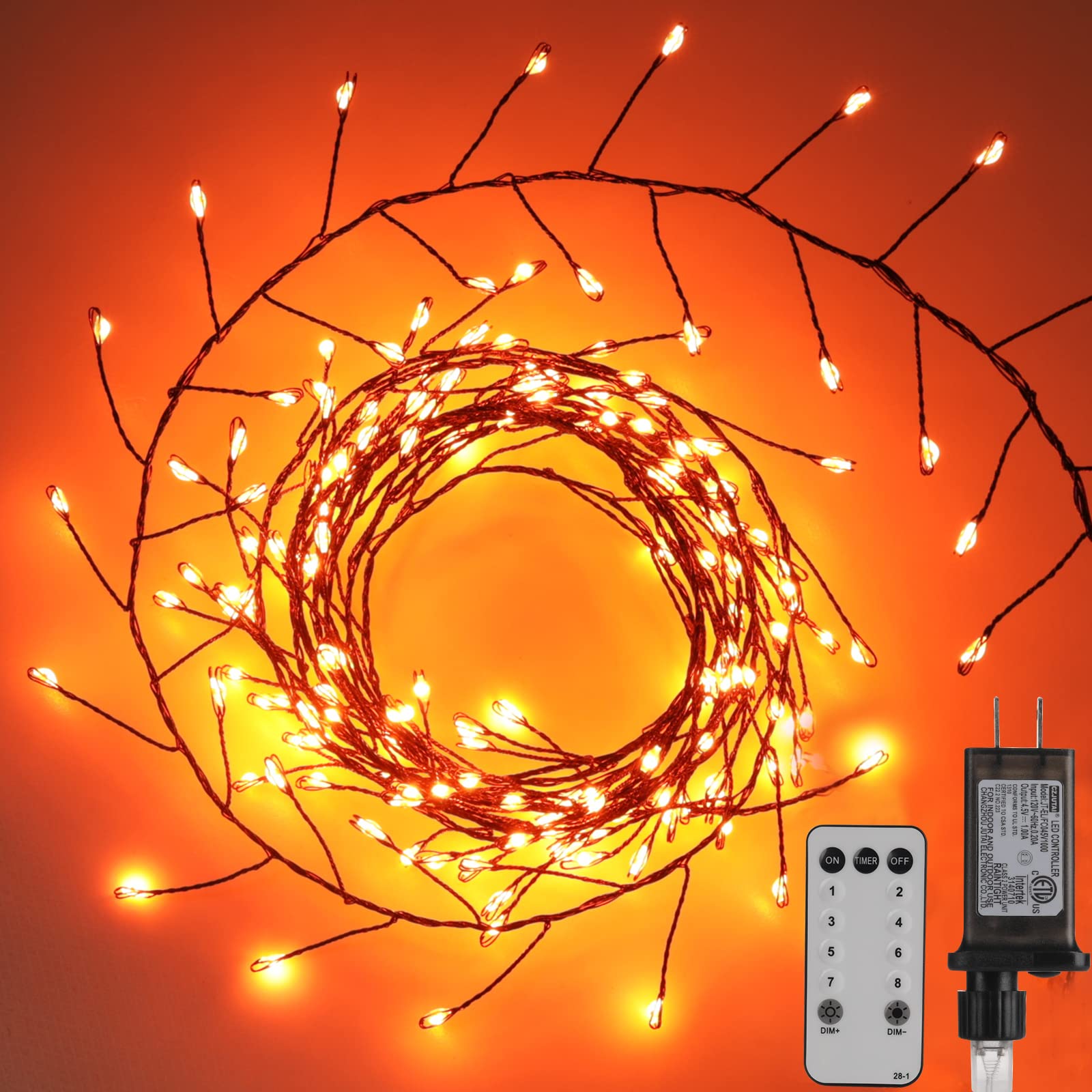 Photo 1 of Halloween Fairy Lights Plug in, 10Feet 200 LEDs Firecracker String Lights with Remote, Cluster String Lights for Ceiling Bedroom Wreath Garland Window Bar Haunted Theme Halloween Decoration, Orange