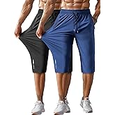 Hidkat Men's Capri Pants 3/4 Joggers Gym/Workout/Hiking Below Knee Long Shorts Lightweight Quick Dry with Zipper Pockets