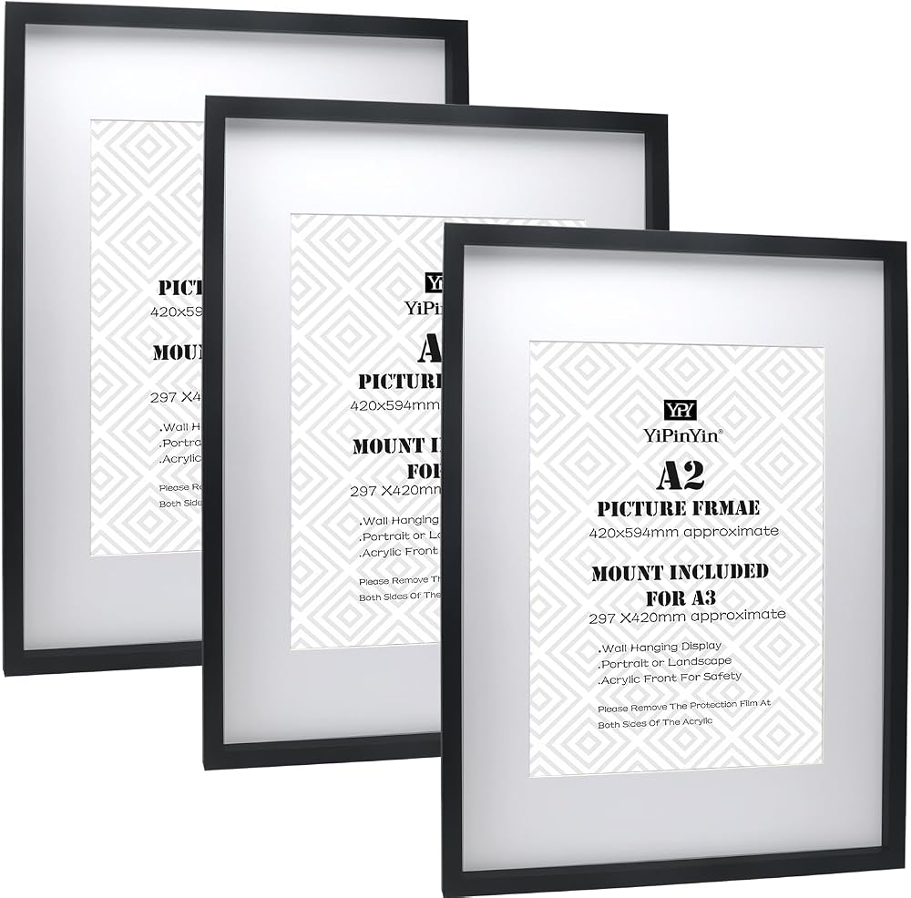 YiPinYin Black A2 Boxed Gallery Frame Set of 3 with Mount for A3 Photos