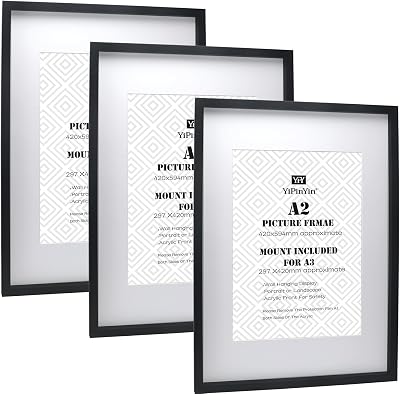 YiPinYin Black A2 Boxed Gallery Frame Set of 3 with Mount for A3 Photos
