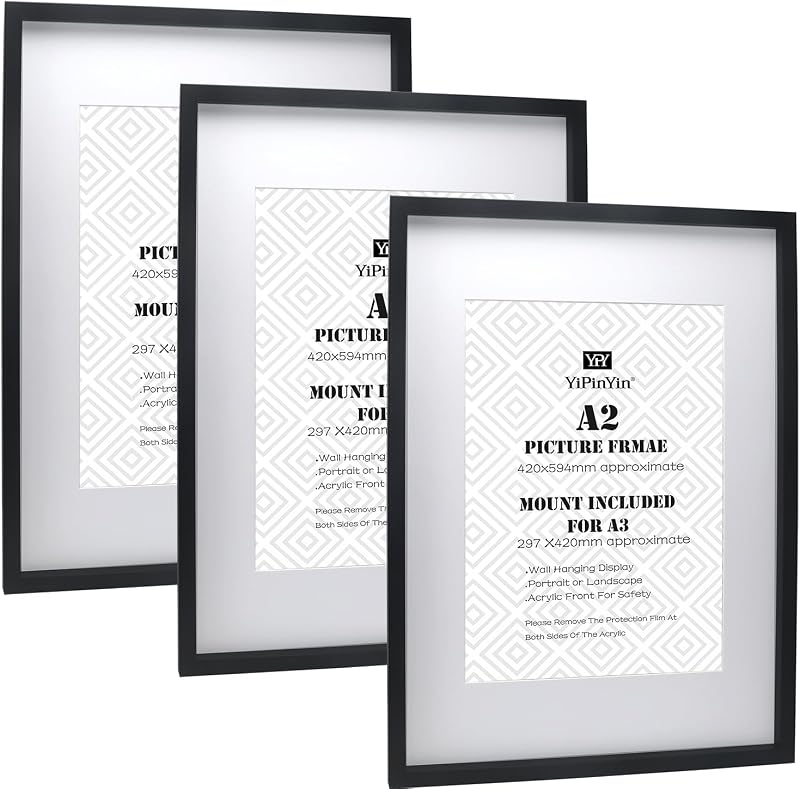 YiPinYin Black A2 Boxed Gallery Frame Set of 3 with Mount for A3 Photos