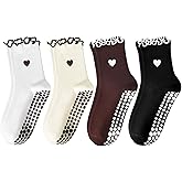 FIYIGO Pilates Yoga Grip Socks for Women, Bow-Patterned Ruffled Crew Socks Ideal for Fitness, Ballet Bar Work&Dance