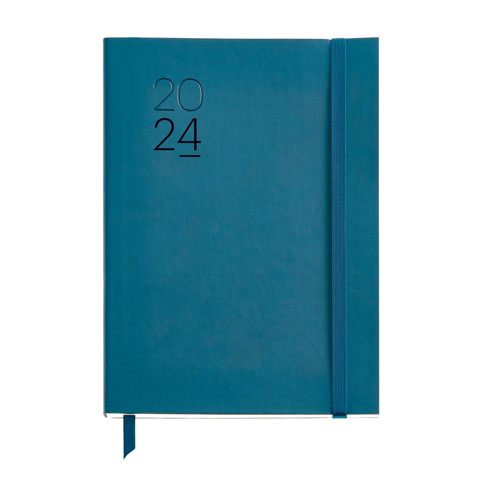 Miquelrius - Annual Planner 2024, Day Page, Plus Size 155 x 213 mm (Similar A5), Flexible Stitched Leather Cover, Spanish, English and Portuguese, Blue