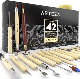ARTEZA Modellierwerkzeug 42er Set, Töpferwerkzeug für Polymer Clay und Keramik, doppelseitiges Ton-Werkzeug aus Edelstahl für Kunsthandwerk, Skulptur, Profis und Anfänger