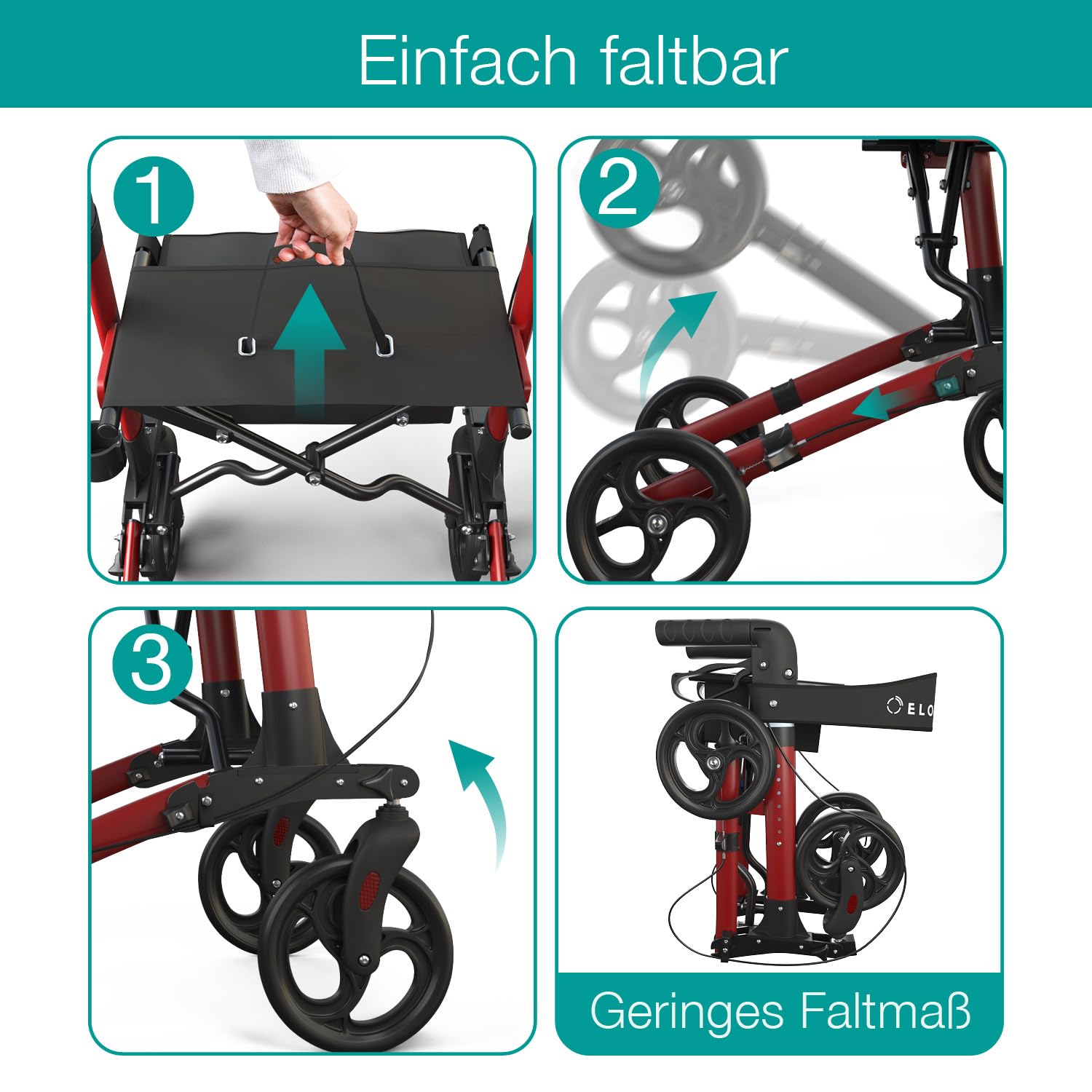 ELONEO Rollator faltbar und leicht mit Sitz, Leichtgewicht-Reiserollator aus Aluminium, Gehhilfe 8-fach höhenverstellbar, Laufhilfe 3-fach faltbar für Kofferraum, Tasche & Schirmhalter Rot 4