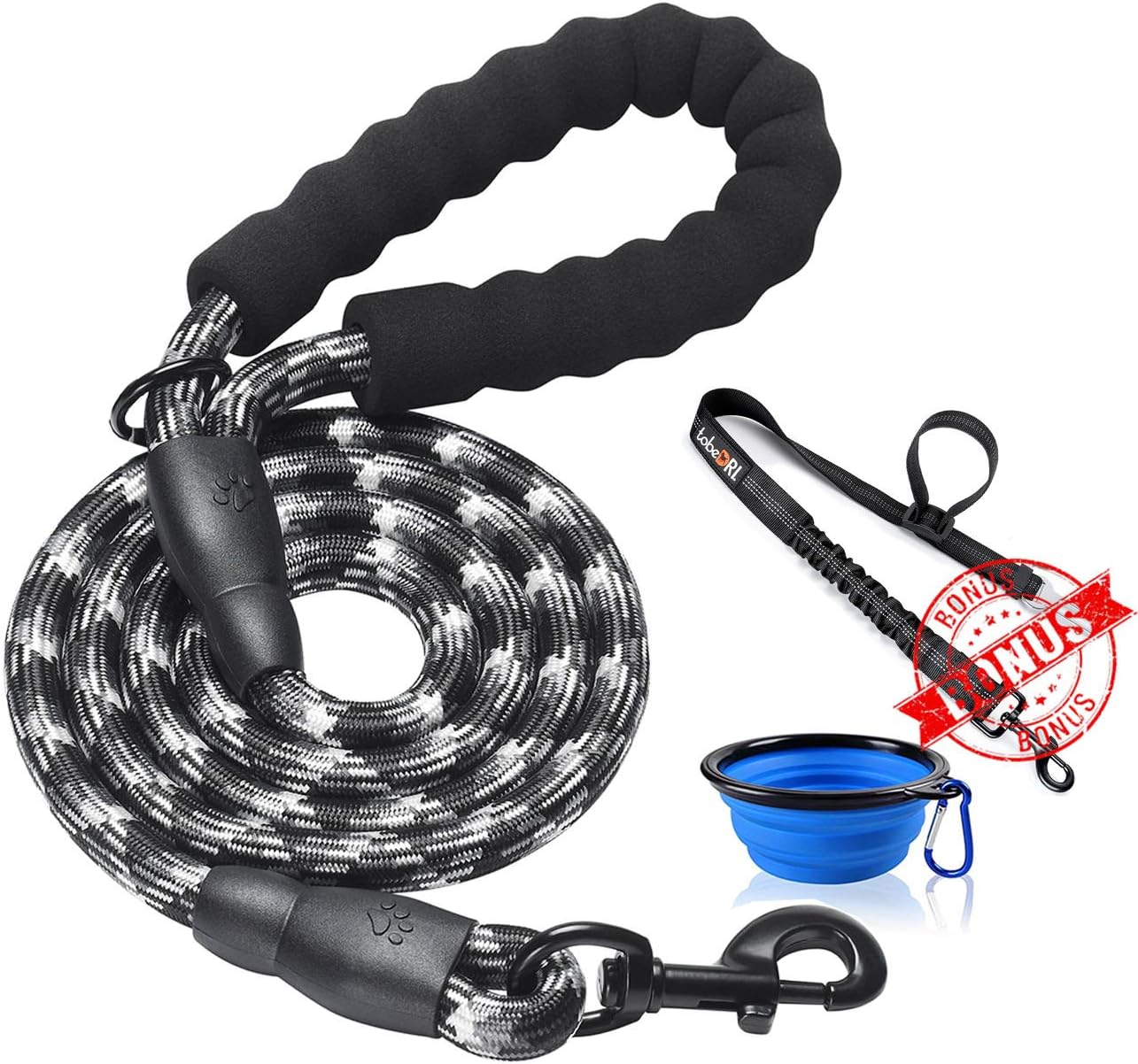 Tobedri Heavy Duty Dog Leash with Foam Handle 5' Long - Dog Training Walking Leashes for Medium Large Dogs with A Free Dog Poop Bag Holder (Black/Blue)