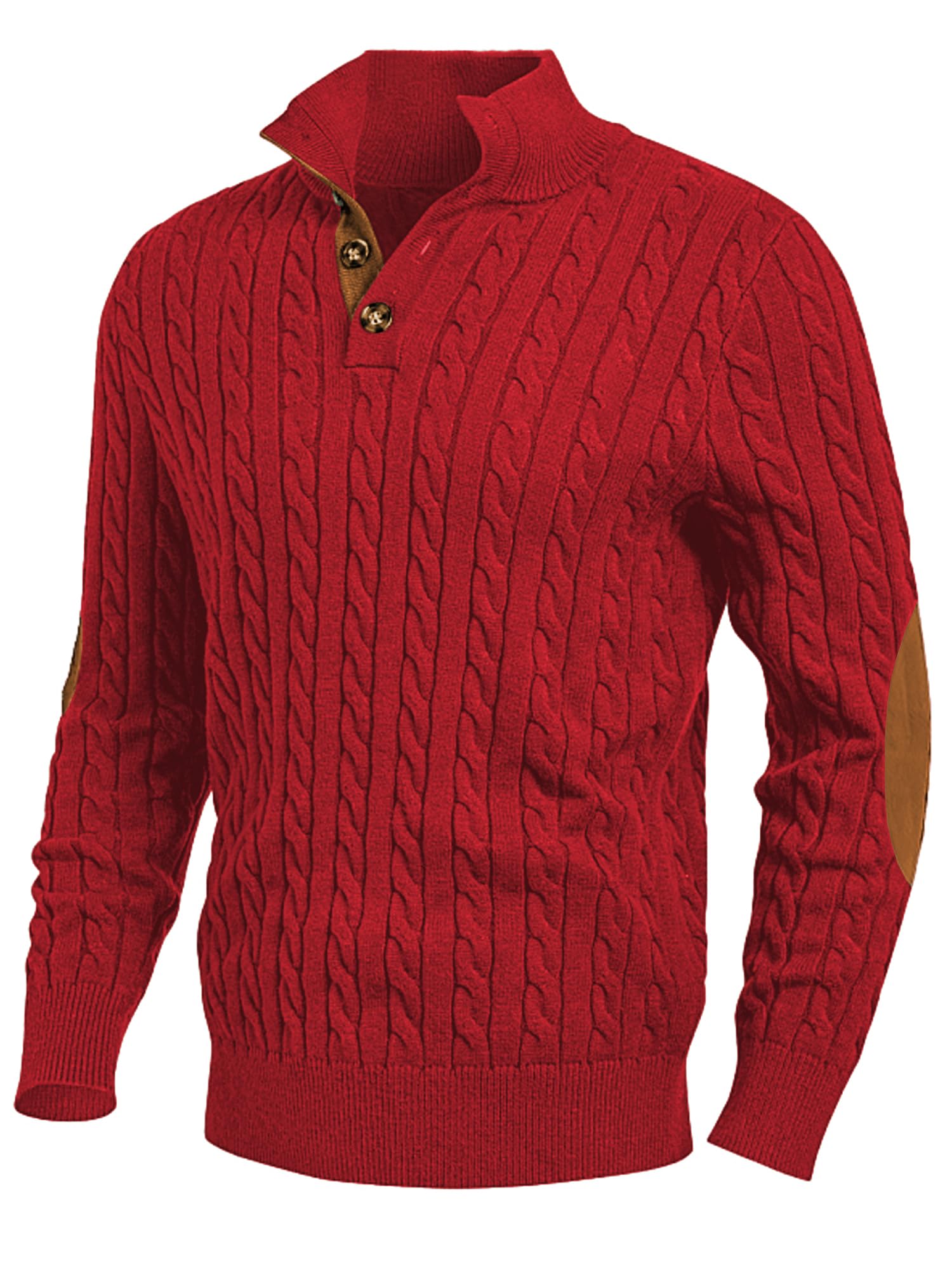 JMIERR Pullover Sweaters for Men Cable Knit Long Sleeve Essentials Soft Stand Collar Button Winter Cable Knitted Sweater, 2XL, Light Red Image