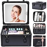 Makeup Box with Led Mirror,Travel Train Hard Case with Rechargeable Lighted Mirror Adjustable Dividers,Cosmetic Organizer Storage Bag for Makeup Artists,Appropriate Gift for Women and Girls,Black