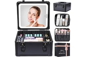 AUPAUTER Makeup Box with Led Mirror,Travel Train Hard Case with Rechargeable Lighted Mirror Adjustable Dividers,Cosmetic Organizer Storage Bag for Makeup Artists,Appropriate Gift for Women and Girls,Black