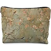 Likjad Vintage Cherry Blossom Birds Makeup Bag, Chinoiserie Floral Cosmetic Bags for Women, Elegant Botanical Makeup Pouch, Flower Zipper Pouch
