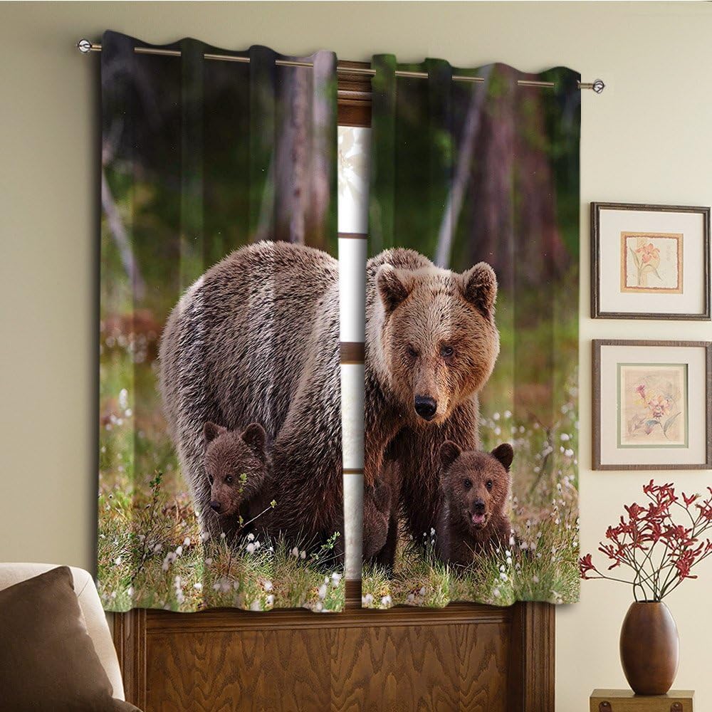 Custom design curtains/Vintage Lace Window Curtain/Grommet Top Blackout Curtains/Thermal Insulated Curtain For Bedroom And Kitchen-Set of 2 Panels(Bear Protecting Her Cubs in Finnish Forest Nordi)