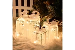 COVFEVER Christmas Lighted Gift Boxes with Star Ornament, 3 Pack Pre-lit Present Boxes Set Battery Operated with Different Sizes for Holiday Indoor Outdoor Decorations(White Bow)