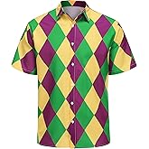 GRAJTCIN Mardi Gras Short Sleeve Shirt St.Patrick's Day American Flag Button Down Shirts 4th of July Patriotic Shirt for Men