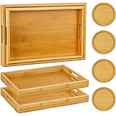Acellegic 6Pcs Bamboo Serving Tray with Handles and Coasters Trays for Serving Food for Breakfast Dinner Coffee Snacks Suitable for Living Room Bedroom and Kitchen