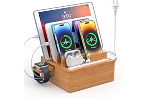 Pezin & Hulin Bamboo Charging Station with Multi Ports HUB, Desktop Charger Block, Compatible with Tablet, Cell Phone, Earbud