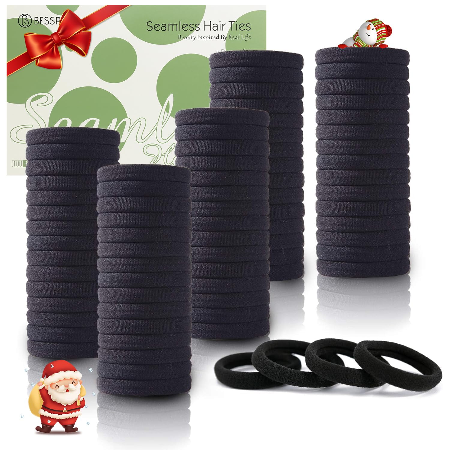 Photo 1 of 100PCS Black Hair Ties for Women Girls, Seamless Thick Black Hair Band, Elastic Hair Ties No Damage Ponytail Holder Christmas Gift