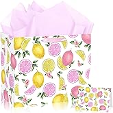 JORHANCE Large Pink Lemon Party Gift Bags with Tissue Paper and Birthday Card - Wrapping Paper for Wide Application, Lemonade Decorations, Lemonade Day Supplies, Pink Lemonade Party Decorations