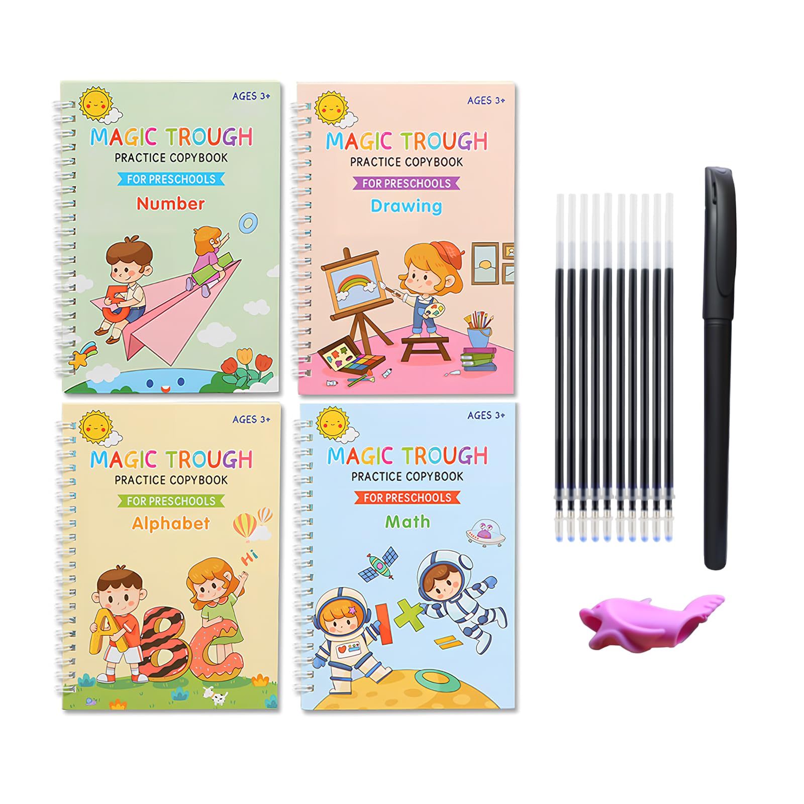 WUMUZAI 4 Pack grooved handwriting book practice, groove calligraphy, reusable magic copybook, grooved writing book disappearing ink, magic copy, magical letter number tracing workbook, B — image 1