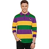 Arvilhill Men's Mardi Gras Polo Shirt Fat Tuesday Striped Long Sleeve Golf Shirt (S-3XL)