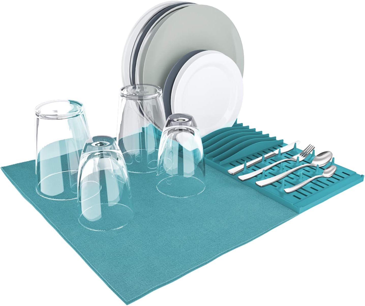 Home Intuition Dish Drying Rack and Microfiber Mat 23.5" x 18", Turquoise