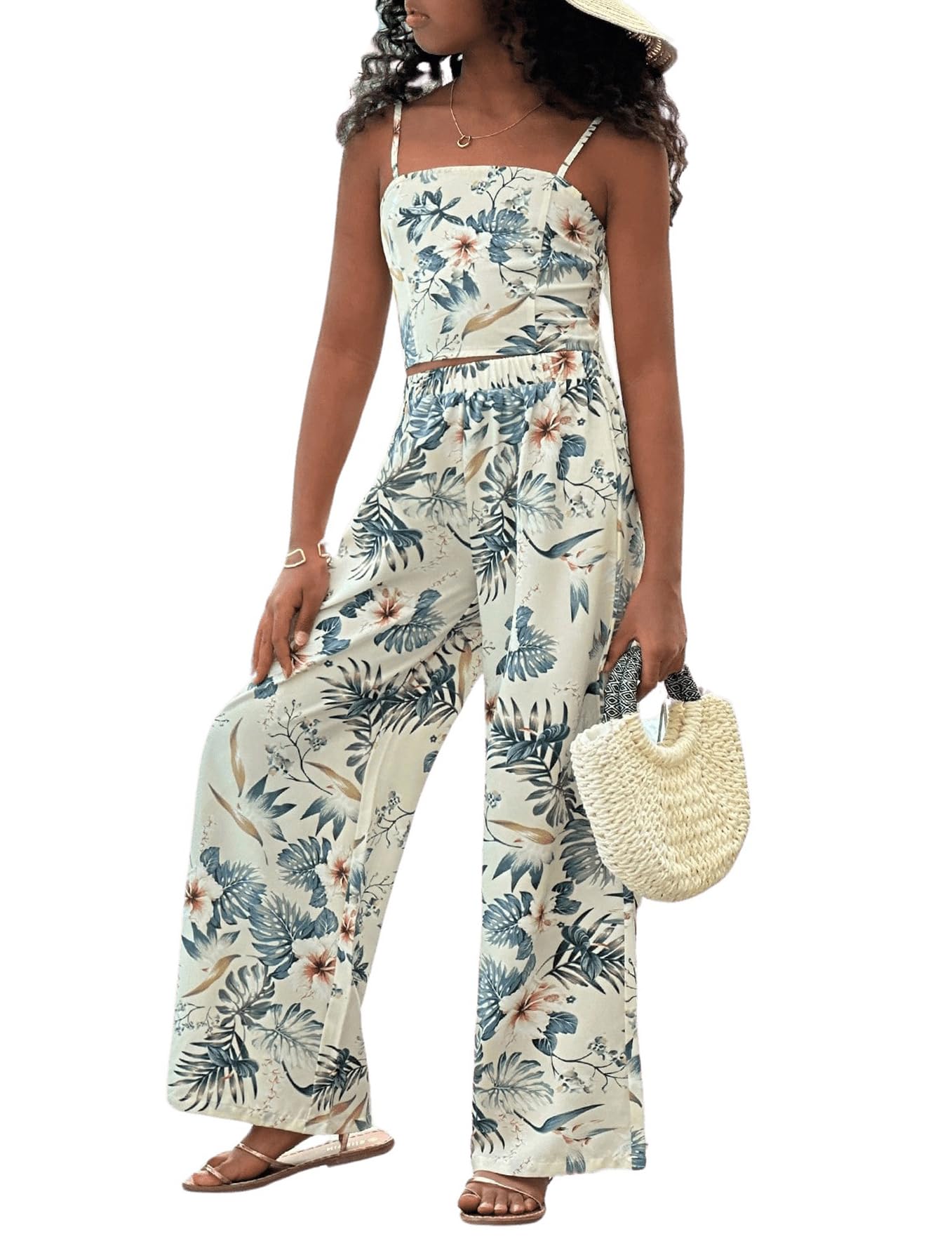 Photo 1 of ***missing top*** Floerns Girl's 2 Piece Outfit Hawaiian Tropical Crop Cami Tops and Boho Pants Set Light Green 11Y