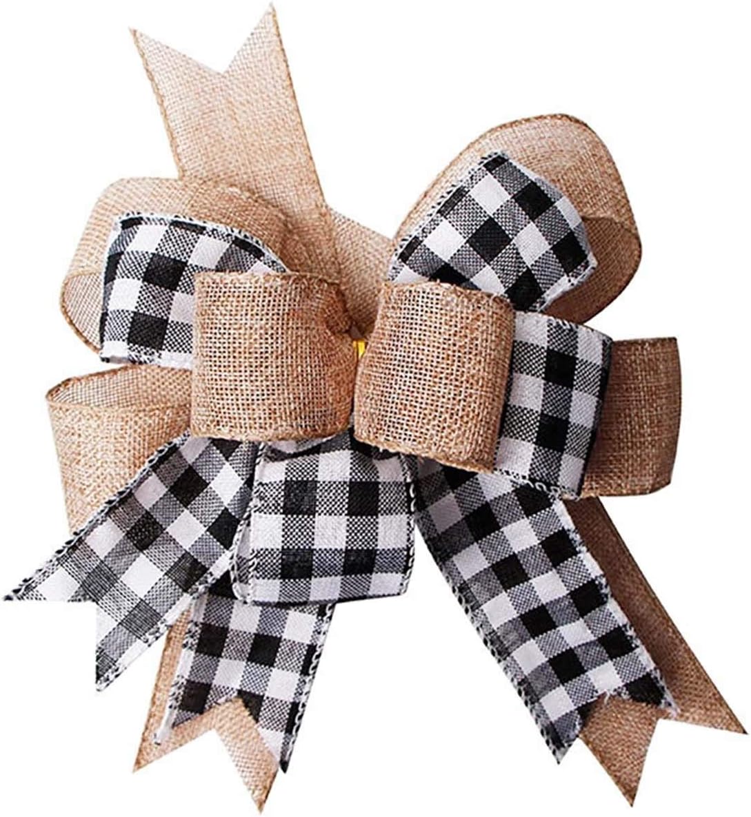 Bows & Ribbons - Creaides Black White Burlap Buffalo Plaid Bow Christmas Tree Topper Ornament Gift Bow Front Door Wreath Bow for Holiday Wedding Christmas Party Decorations