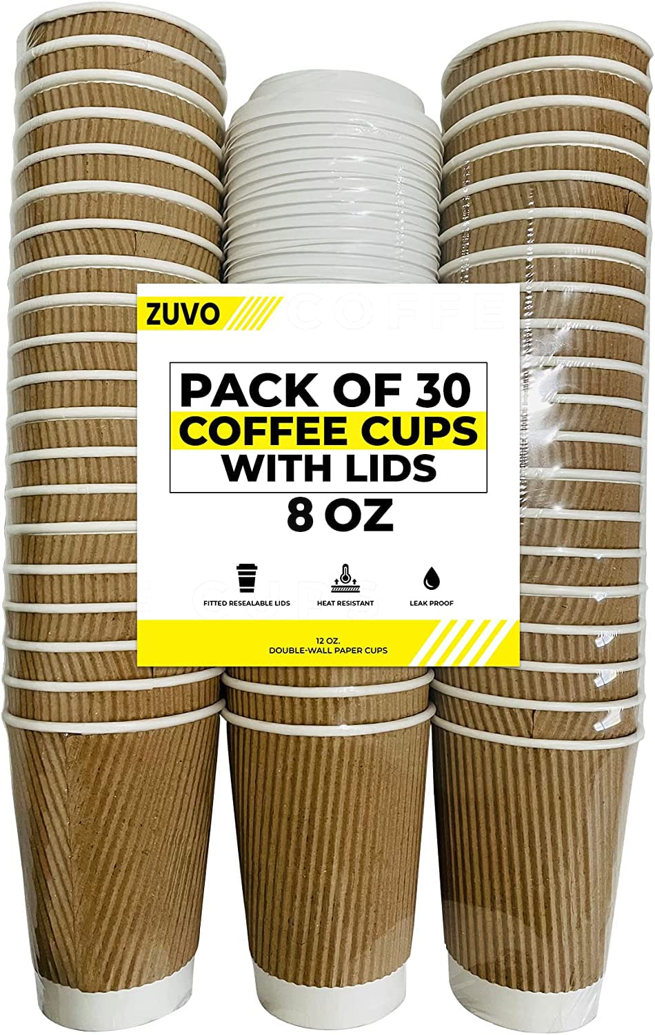 Zuvo Disposable Coffee Cups with Lids 30 Pack, 8oz - Takeaway Paper Cups for Hot Drinks | Triple Wall Ripple Insulated | Leak-Proof Kraft Cups for Office, Events & On-the-Go