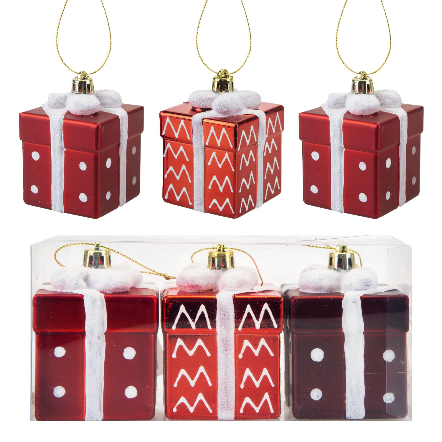 VFM - Red & White Gift Box Baubles 5cm Candy Cane (3 Pack) - Christmas Decorations