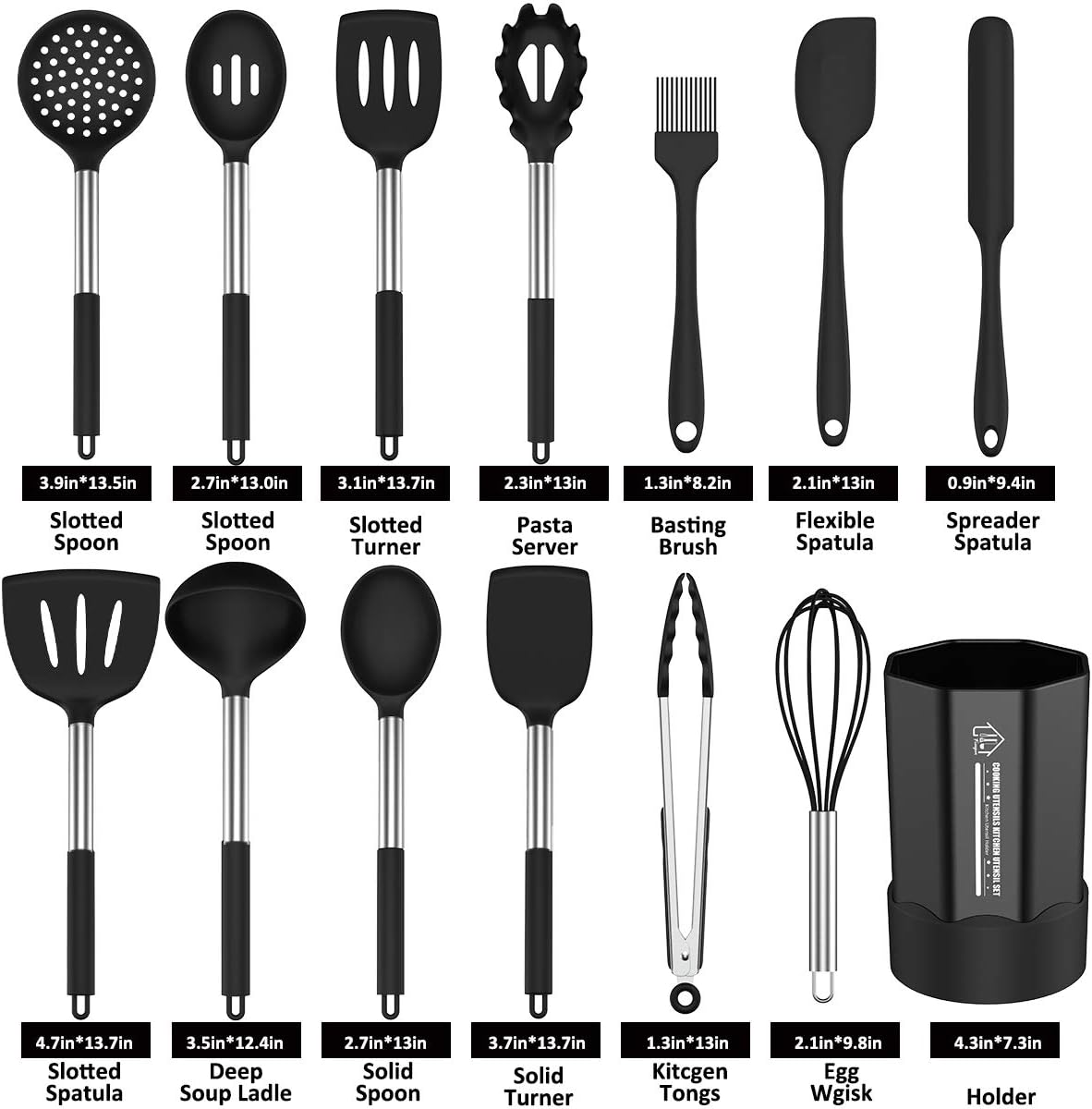 Silicone Cooking Utensil Set, Fungun Non-stick Kitchen Utensil 24 Pcs Cooking Utensils Set, Heat Resistant Cookware, Silicone Kitchen Tools Gift with Stainless Steel Handle (Black-24pcs): Kitchen & Dining